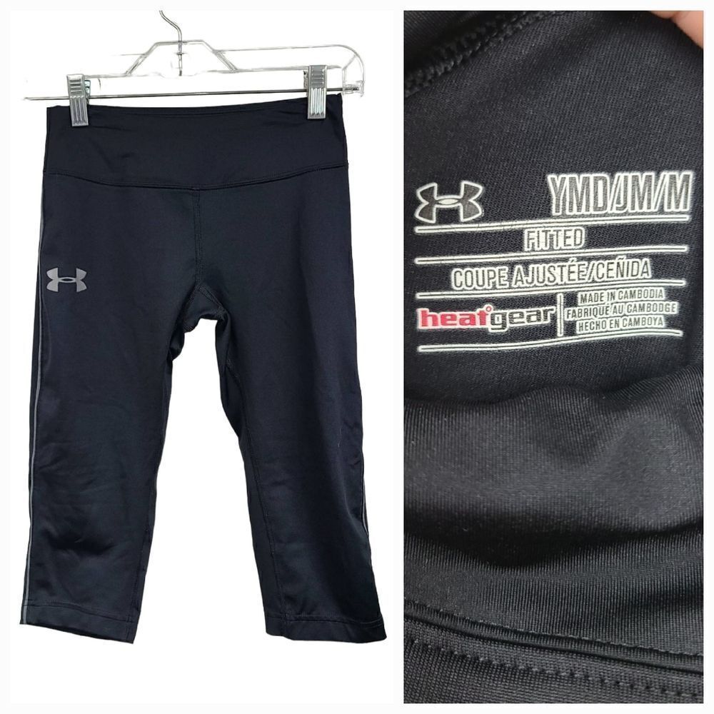 Girls Under Armour YMD Black Capri Cropped Yoga Pants Fitted Heat Gear Legging